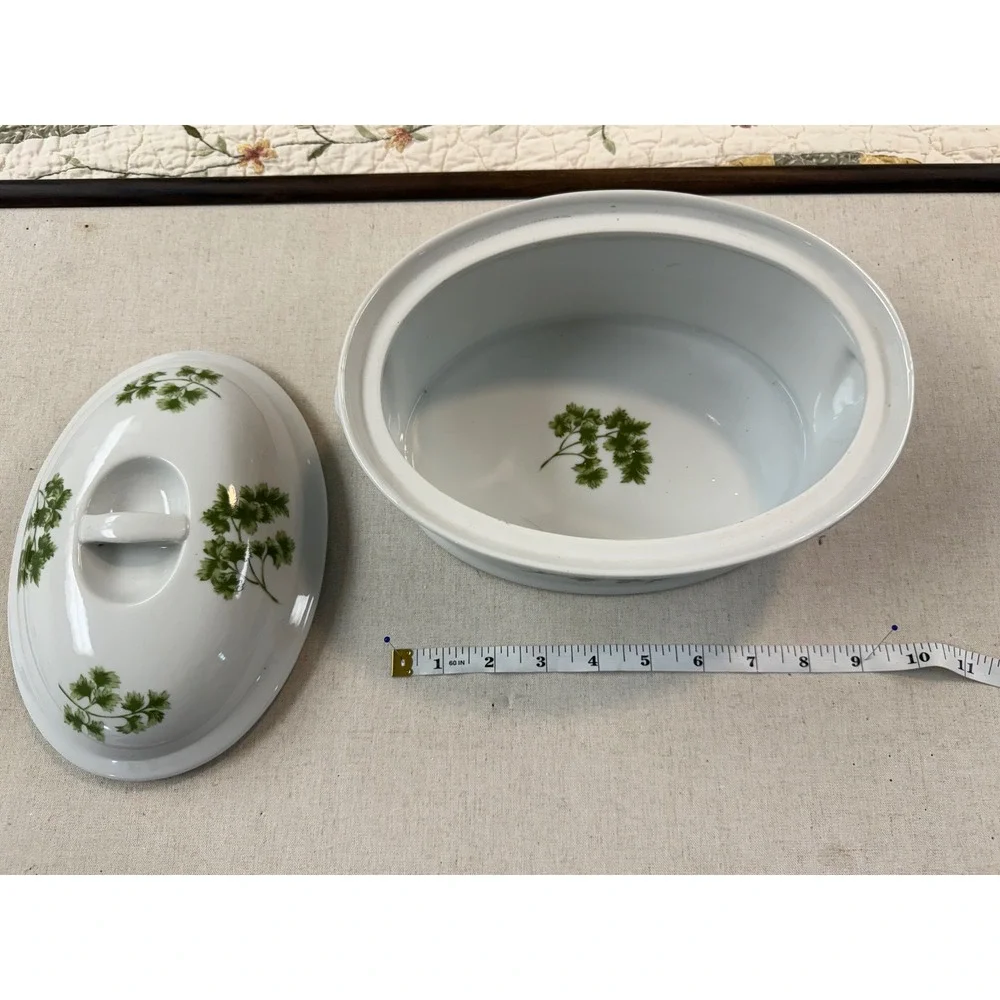Vintage Parsley Oven To Table Cookware Oval Casserole Dish with Lid Green White